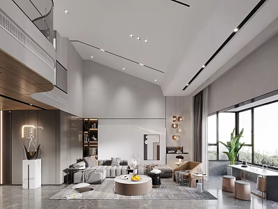 Duplex Living Room Interior With Sofa Coffee Table Floor To Ceiling Windows And Green Plants 3d model
