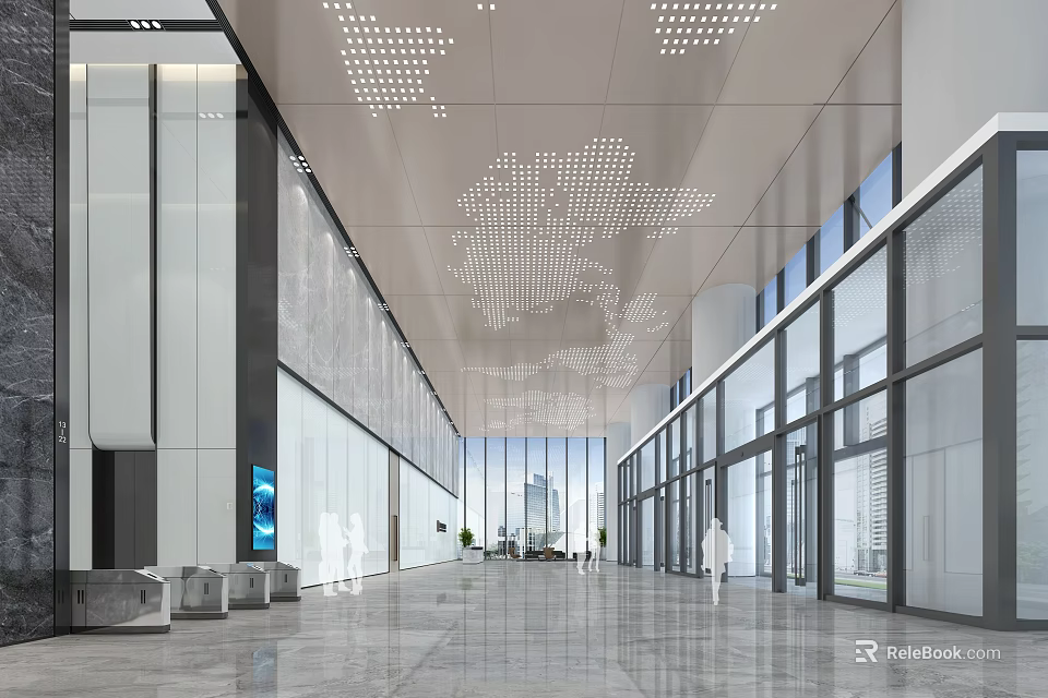 Modern Front Desk Reception Area With Marble Counter Glass Walls And Elegant Lighting 3d model 