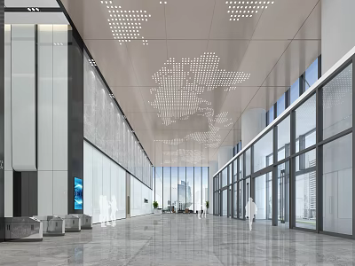 Modern Front Desk Reception Area With Marble Counter Glass Walls And Elegant Lighting 3d model