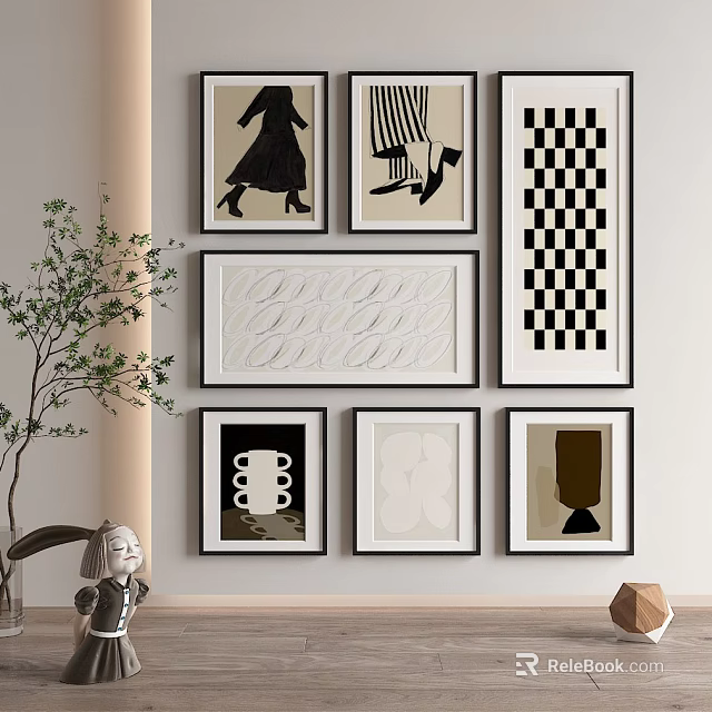 Modern Wall Art Collection With Black Framed Decorative Paintings And Geometric Patterns 3d model
