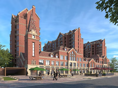 European Style Commercial Street With Red Brick Multi Storey Buildings Pedestrians Green Umbrellas And Trees 3d model