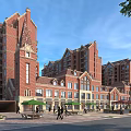 European Style Commercial Street With Red Brick Multi Storey Buildings Pedestrians Green Umbrellas And Trees