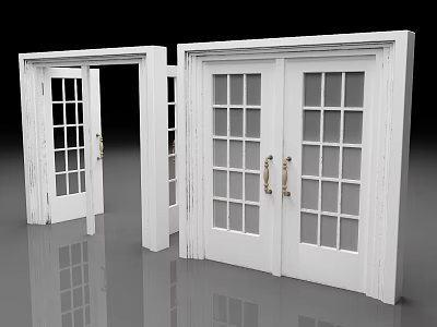 White Wooden Doors with Glass Panes and Brass Handles Double Single Design 3d model