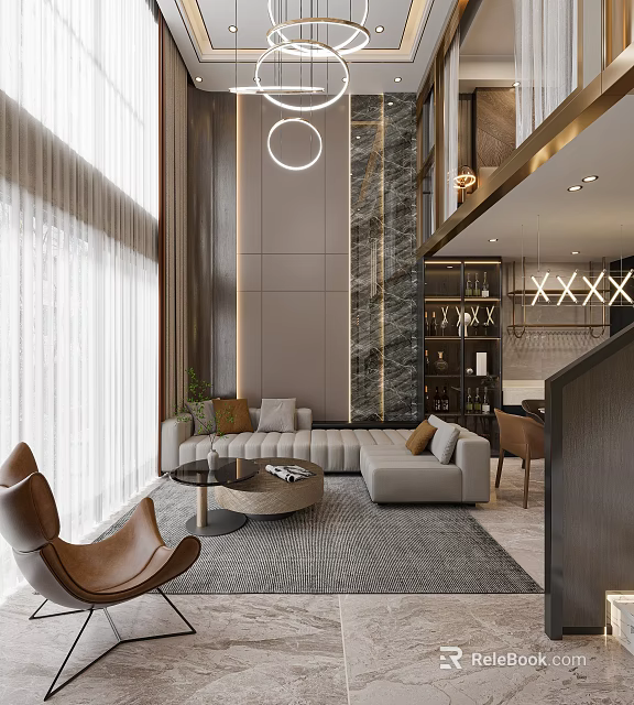 Modern Apartment Living Room Interior With Sectional Sofa And Accent Chair 3d model 