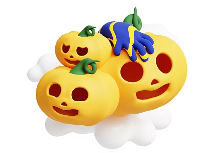 Yellow Smiling Face Pumpkins With Blue Yellow Stripes And White Cloud Decorations 3d model