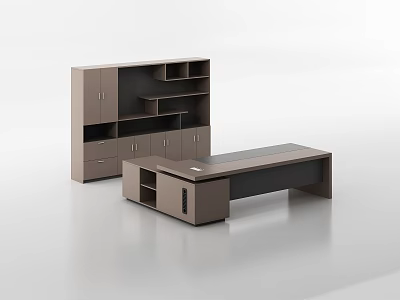 Modern Minimalist Office Desk With Brown And Matching Storage Cabinet With Drawers And Open Shelves 3d model