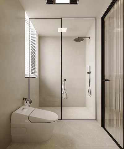Modern Bathroom Interior With Glass Shower Enclosure Toilet And Window Blinds 3d model