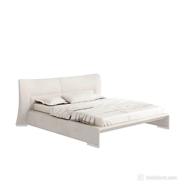Modern Double Bed With Upholstered Headboard Light Colored Bedding And Pillows 3d model 