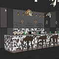 Modern Bar Interior Design With Geometric Tiled Wall Pendant Lights Counter And Leather Stools