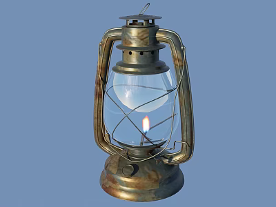 Vintage Brass Candle Lantern With Metal Frame Glass Shade And Burning Candle 3d model