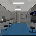 Modern Laboratory Interior With Blue Flooring White Cabinets Lab Benches And Fume Hood