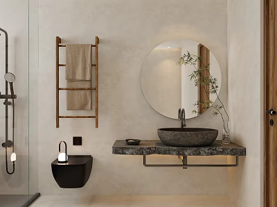 Minimalist Bathroom Interior Design With Round Mirror Wooden Towel Rack Stone Countertop And Wall Mounted Sink 3d model