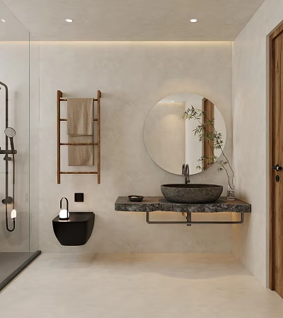 Minimalist Bathroom Interior Design With Round Mirror Wooden Towel Rack Stone Countertop And Wall Mounted Sink 3d model