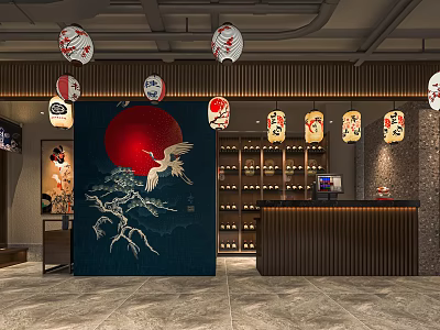 Japanese Restaurant Interior Design With Crane Mural Red Sun Lanterns And Wine Shelves 3d model