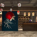 Japanese Restaurant Interior Design With Crane Mural Red Sun Lanterns And Wine Shelves
