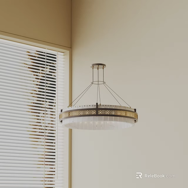 Modern Ceiling Chandelier With Metal Frame And Transparent Shades Near Window Blinds 3d model 