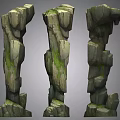 Natural Rustic Stone And Wood Decorative Pillars With Textured Surfaces And Mossy Accents