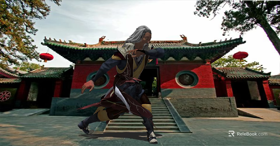 Man With White Hair Practicing Kung Fu In Front Of Red Walled Ancient Temple With Green Roof 3d model 