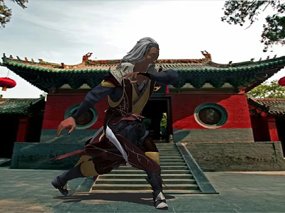 Man With White Hair Practicing Kung Fu In Front Of Red Walled Ancient Temple With Green Roof 3d model