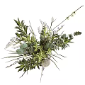 Fresh Flower Arrangement In Clear Textured Glass Vase With Eucalyptus Leaves White And Purple Blossoms