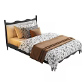 Cozy Single Bed With Black Headboard Beige Brown Pillows And Patterned Bedspread 3d model