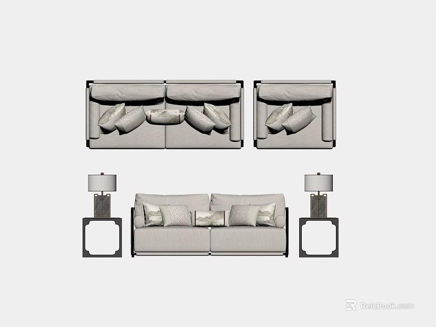 Modern Gray Sofa Set With Decorative Pillows Side Tables And Table Lamps 3d model