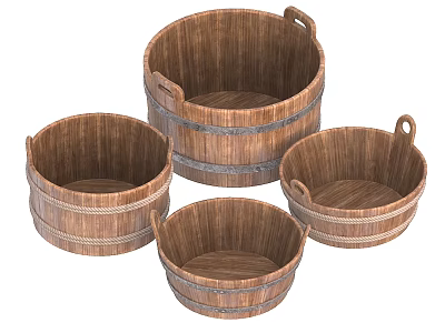 Ceramic Vessels With Wooden Texture And Handles In Multiple Sizes 3d model