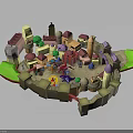 Cartoon 3D Village Scene with Playful Characters and Colorful Creatures Interacting Among Small Houses