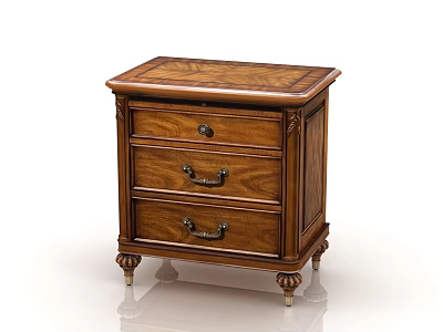 Classical Wooden Nightstand With Three Drawers Metal Handles And Carved Legs 3d model