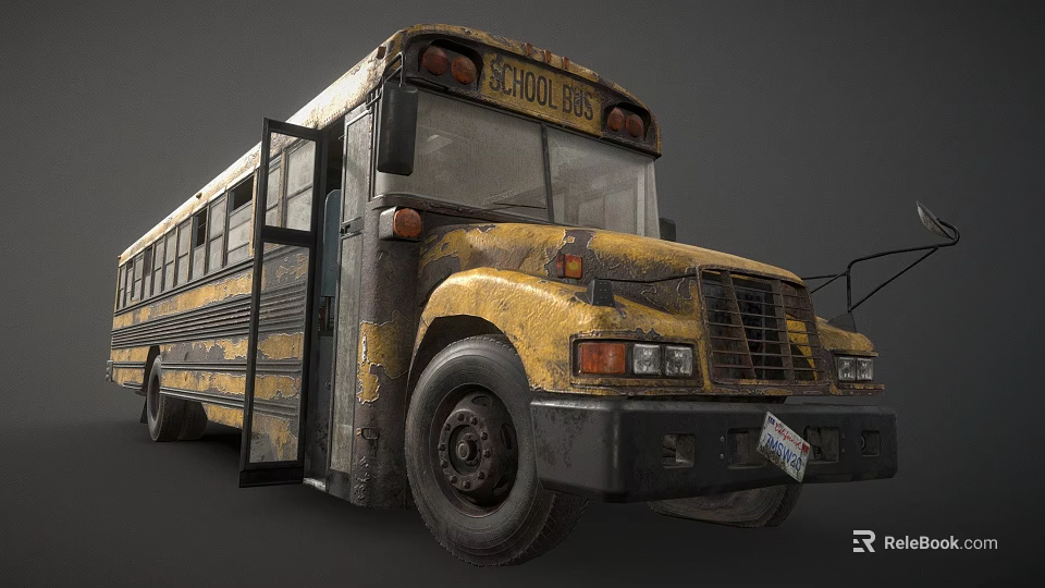 Front View Of Yellow Rusty Vintage School Bus With Open Door 3d model 