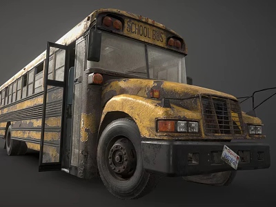 Front View Of Yellow Rusty Vintage School Bus With Open Door 3d model
