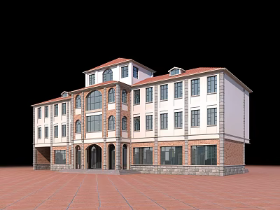Multi Story European Building With Red Tile Roof White Walls And Arched Windows 3d model