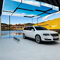 Modern Car Showroom With White Cars Mountain Mural Grassland And Flowers