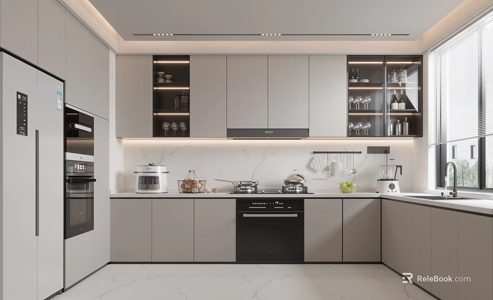 Modern Kitchen Interior With Gray Cabinets White Marble Countertops Built-in Appliances And Open Shelves 3d model 