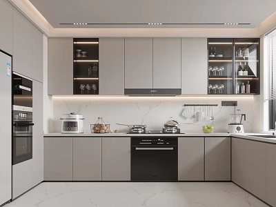 Modern Kitchen Interior With Gray Cabinets White Marble Countertops Built-in Appliances And Open Shelves 3d model