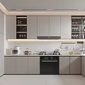 Modern Kitchen Interior With Gray Cabinets White Marble Countertops Built-in Appliances And Open Shelves