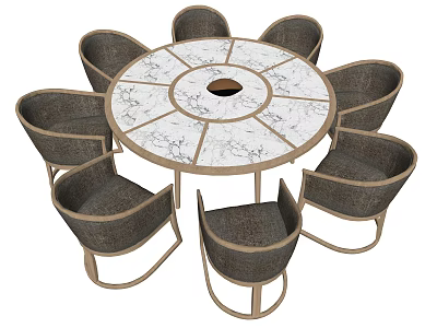 Round Dining Table Set With Marble Patterned Top And Eight Fabric Chairs With Metal Legs 3d model