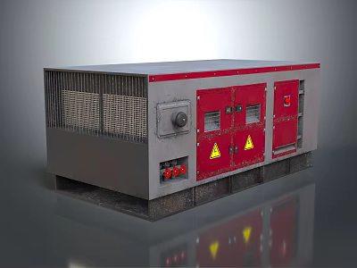 Industrial Metal Cabinet With Gray Body Red Doors Ventilation Grilles Control Panel And Warning Signs 3d model