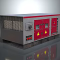 Industrial Metal Cabinet With Gray Body Red Doors Ventilation Grilles Control Panel And Warning Signs