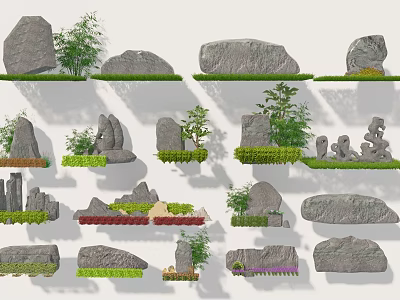Decorative Garden Ornaments Featuring Various Stone Shapes And Green Plant Accents 3d model