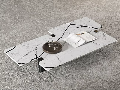 Sleek White Marble Coffee Table With Cracked Pattern Holding Open Book Wine Glasses On Tray 3d model