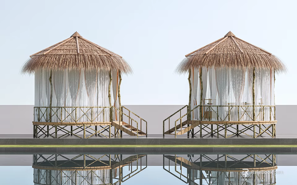 Serene Garden Landscape With Thatched Pavilions Bamboo Staircases And Pool Reflection 3d model 
