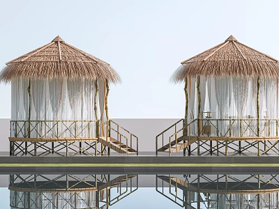 Serene Garden Landscape With Thatched Pavilions Bamboo Staircases And Pool Reflection 3d model