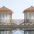 Serene Garden Landscape With Thatched Pavilions Bamboo Staircases And Pool Reflection