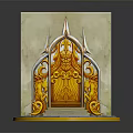 Ornate Door Structure With Intricate Golden Carvings White Frame Yellow Base And White Tiles