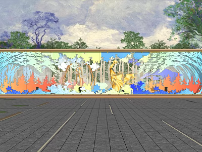 Colorful Modern Window Display With Wavy Patterns Trees Cloudy Sky And Paved Ground 3d model