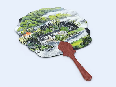 Traditional Chinese Fan Shaped Wall Hanging With Landscape Painting And Wooden Handle For Home Decor 3d model