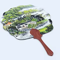 Traditional Chinese Fan Shaped Wall Hanging With Landscape Painting And Wooden Handle For Home Decor