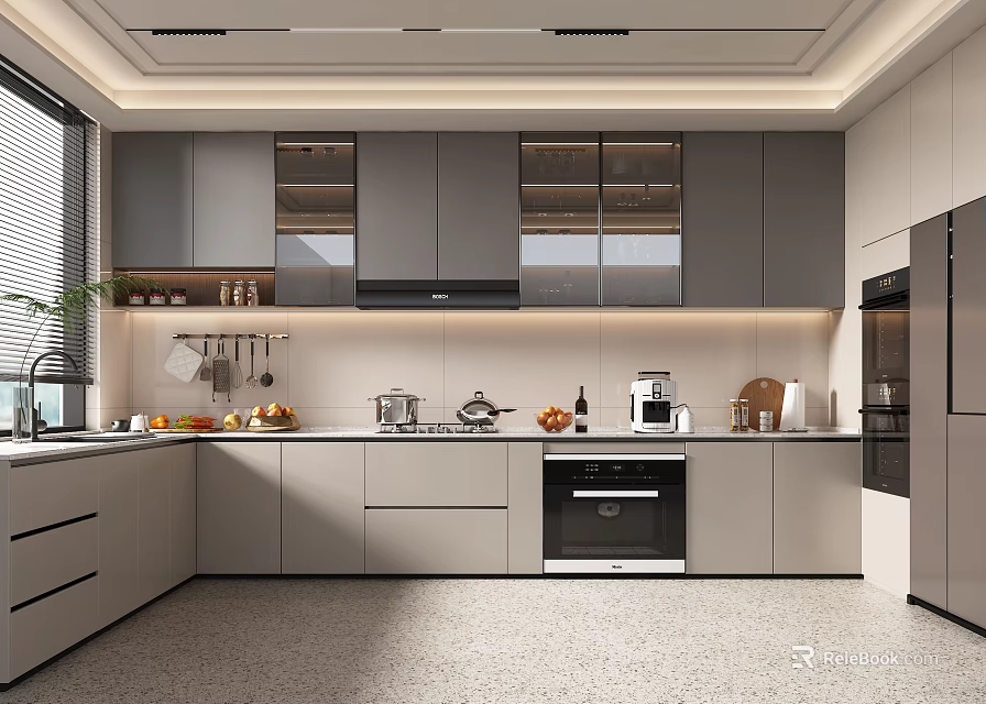 Modern Kitchen Interior Design With Gray Cabinets Countertop Appliances And Window Plant 3d model 