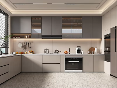 Modern Kitchen Interior Design With Gray Cabinets Countertop Appliances And Window Plant 3d model